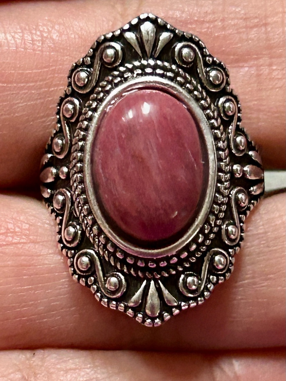 Sterling Silver S 925 Pink Rhodonite Stone Filigree Cocktail Ring